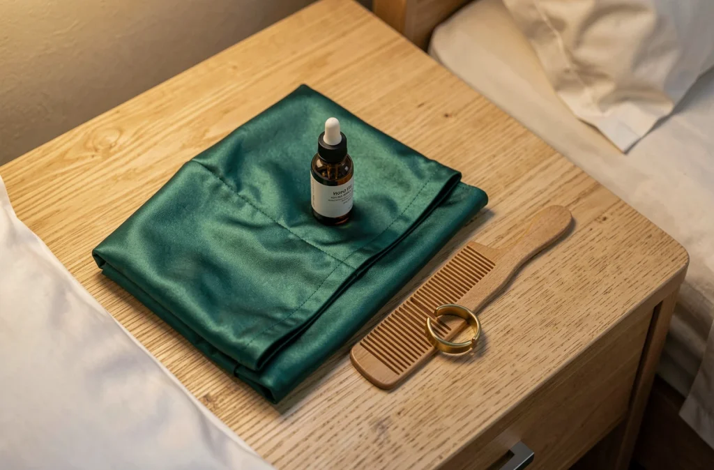 Accessoires de nuit pour protéger les tresses africaines collées : bonnet satin, huile capillaire et peigne à larges dents