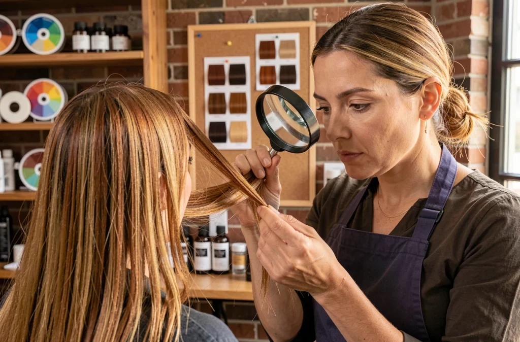 Coiffeuse professionnelle analysant les erreurs de coloration caramel miel sur les cheveux d'une cliente avec nuancier en arrière-plan