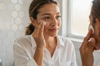 Jeune femme appliquant une crème solaire teintée sur sa peau dans une salle de bain lumineuse aux carreaux blancs