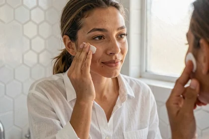 Jeune femme appliquant une crème solaire teintée sur sa peau dans une salle de bain lumineuse aux carreaux blancs