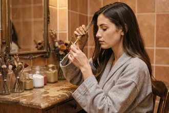 Femme appliquant du henné en coloration uniforme sur ses cheveux bruns dans une salle de bain au décor naturel