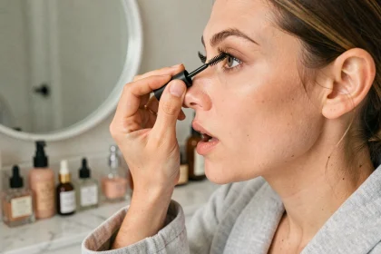 Femme appliquant un mascara allongeant sur des cils fins devant un miroir de salle de bain