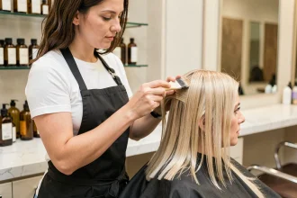 Coiffeuse appliquant une patine sans ammoniaque sur cheveux blonds sensibilisés dans un salon moderne