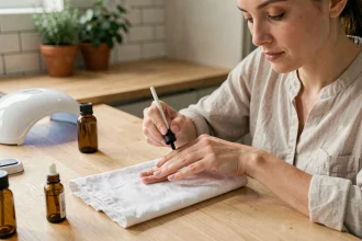 Femme appliquant du vernis semi-permanent sur ses ongles à la maison sur une table en bois avec lampe UV et flacons de vernis