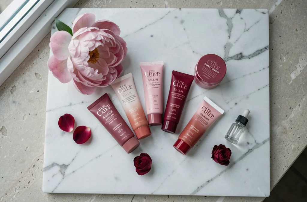 Assortiment de baumes à lèvres teintés en tubes et pots disposés sur du marbre blanc avec une pivoine rose et des pétales séchés