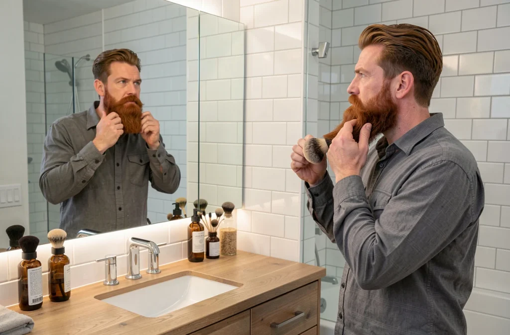 Homme aux cheveux roux examinant sa barbe longue taillée devant un miroir de salle de bain, illustrant l'importance d'une taille adaptée à la morphologie du visage