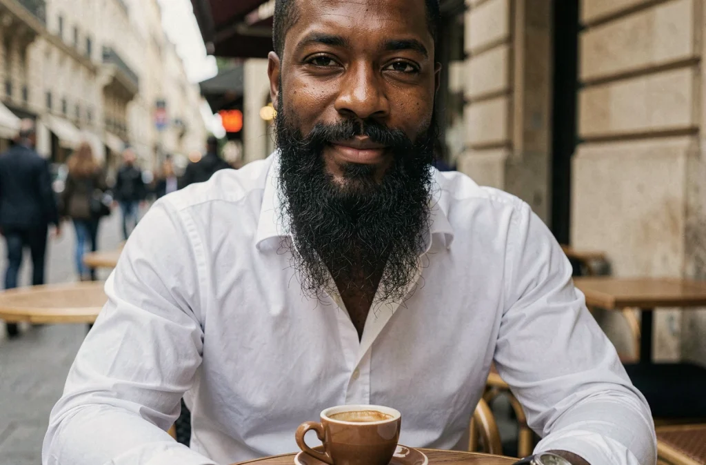 Homme à la peau foncée et barbe longue noire aux contours géométriques précis attablé en terrasse de café, démontrant comment une taille adaptée transforme le visage