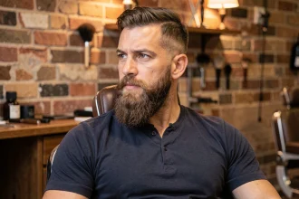 Homme aux cheveux bruns avec une longue barbe bien taillée assis dans un fauteuil de barbier moderne, mettant en valeur la transformation du visage grâce à une coupe adaptée