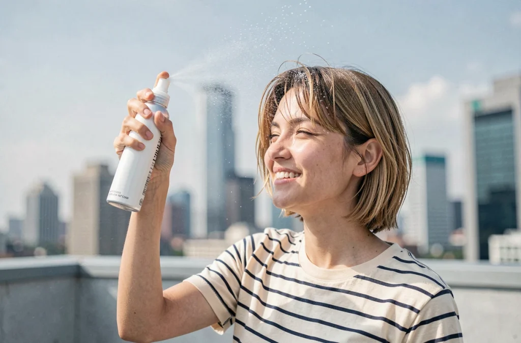 Jeune femme vaporisant un brume sans rinçage sur cheveux courts et secs sur une terrasse urbaine