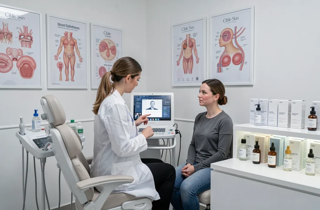 Spécialiste de la peau analysant le visage d'une cliente sur un écran diagnostic dans l'institut Cible Skin