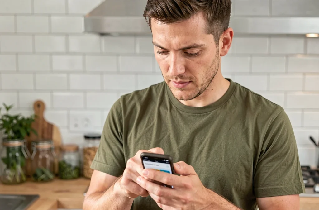 Homme saisissant un code de réduction sur une application mobile d'achat depuis sa cuisine