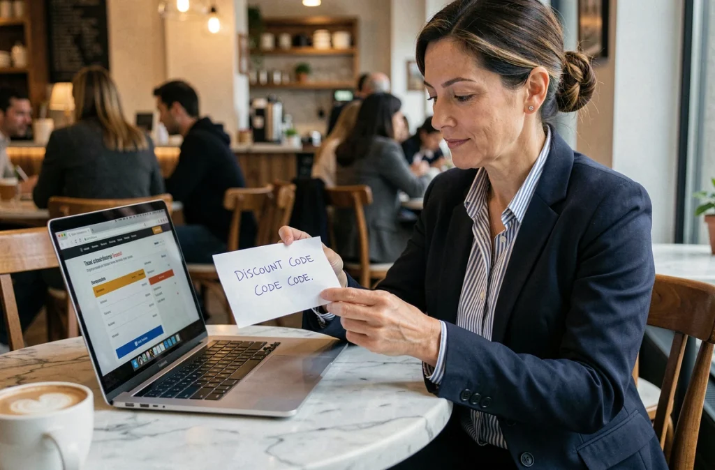 Femme comparant un code promo imprimé avec une page de paiement en ligne dans un café