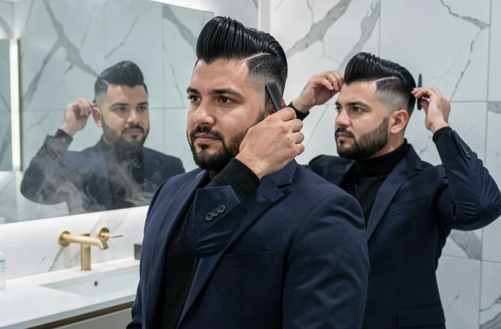 Homme au visage rond coiffant lui-même sa coupe mafieux italien avec gomina devant un miroir de salle de bain en marbre