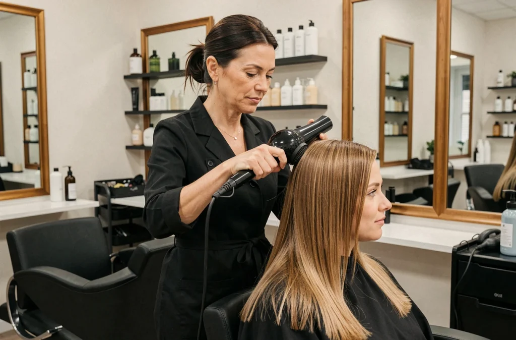 Coiffeuse professionnelle appliquant une technique de volume sur cheveux fins et plats en salon