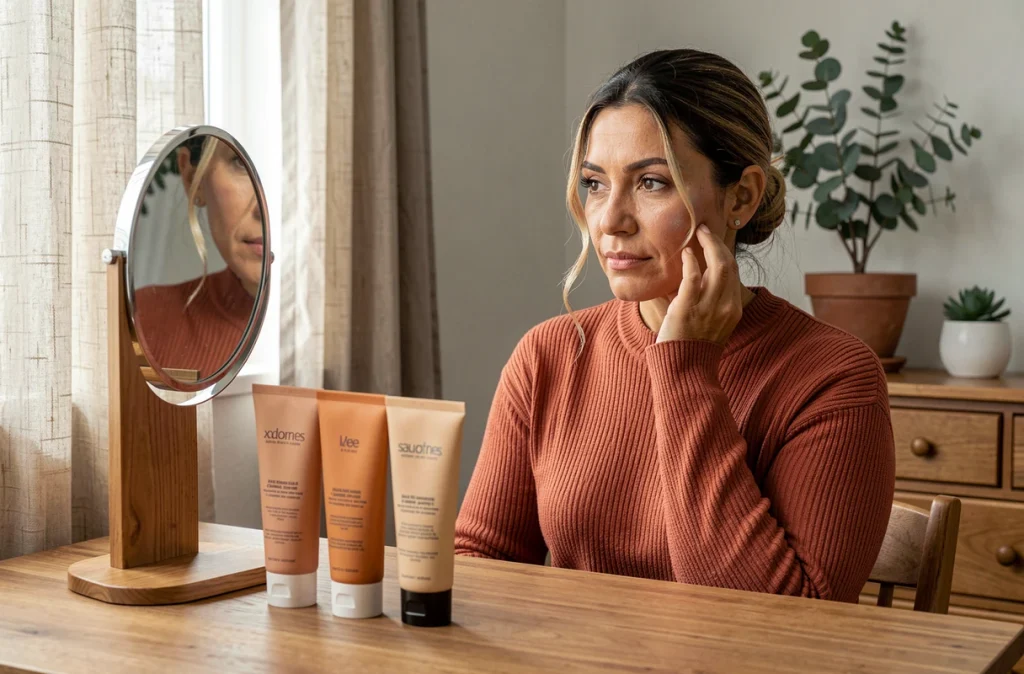 Femme d'une quarantaine d'années comparant plusieurs teintes de crème solaire teintée devant un miroir de coiffeuse en bois