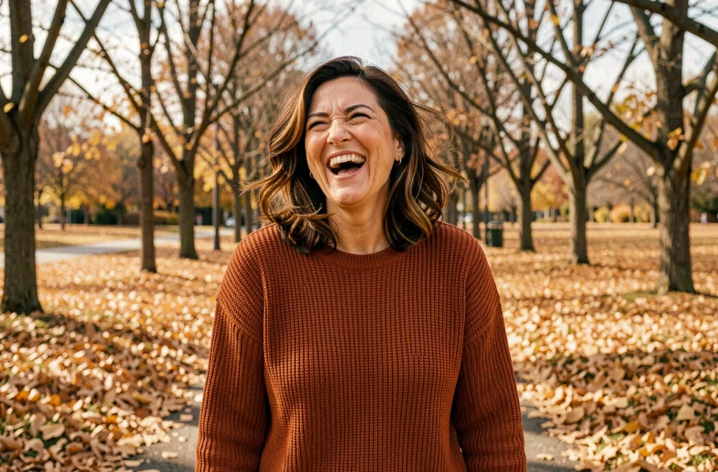Femme dynamique de 48 ans avec une coupe lob ondulée brune dans un parc en automne