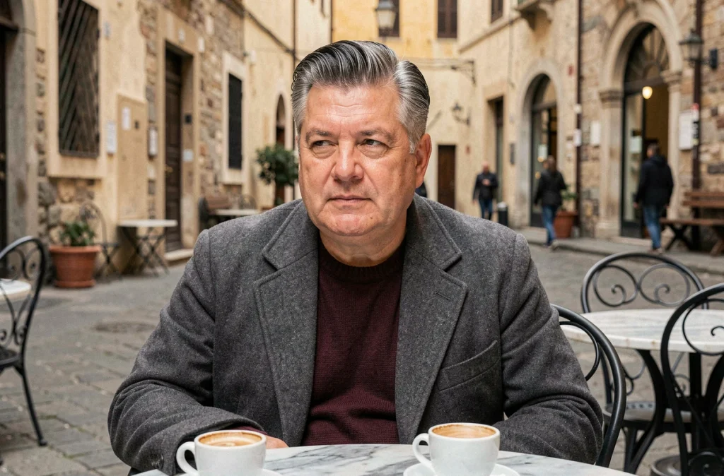 Homme mature au visage rond arborant une coupe mafieux italien classique lissée en arrière assis à la terrasse d'un café en Italie