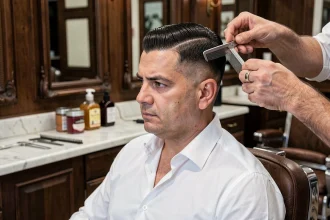 Homme au visage rond dans un salon de coiffure vintage se faisant coiffer à la coupe mafieux italien avec fondu et volume sur le dessus
