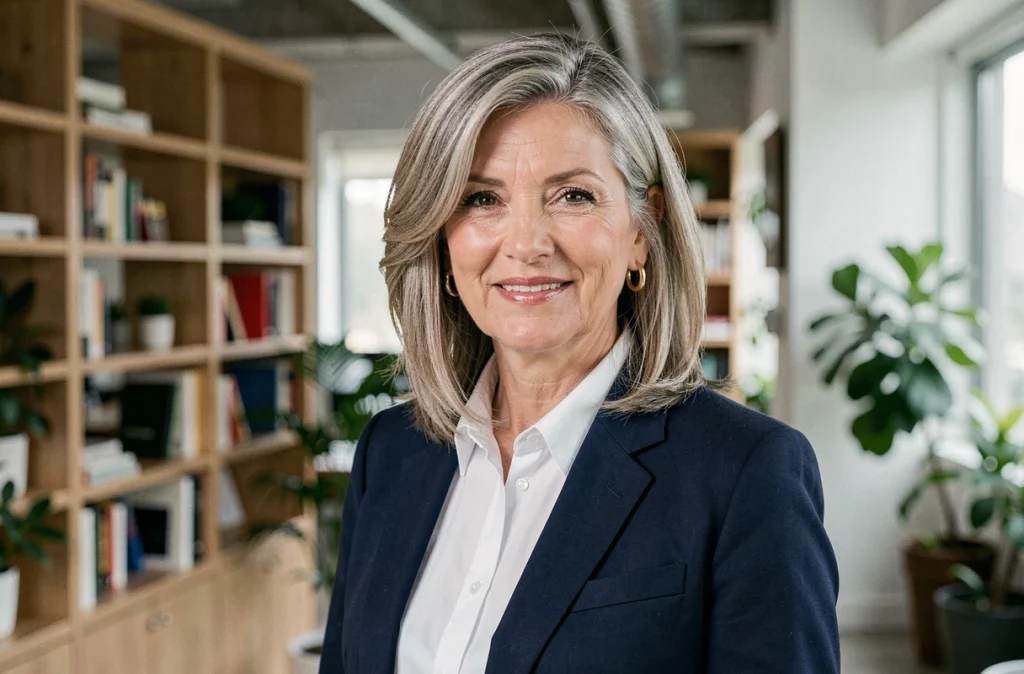 Femme professionnelle de plus de 50 ans avec une coupe mi-longue dégradée blonde cendrée en bureau moderne