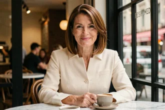 Femme de 45 ans avec une coupe mi-longue en carré plongeant châtain dans un café parisien
