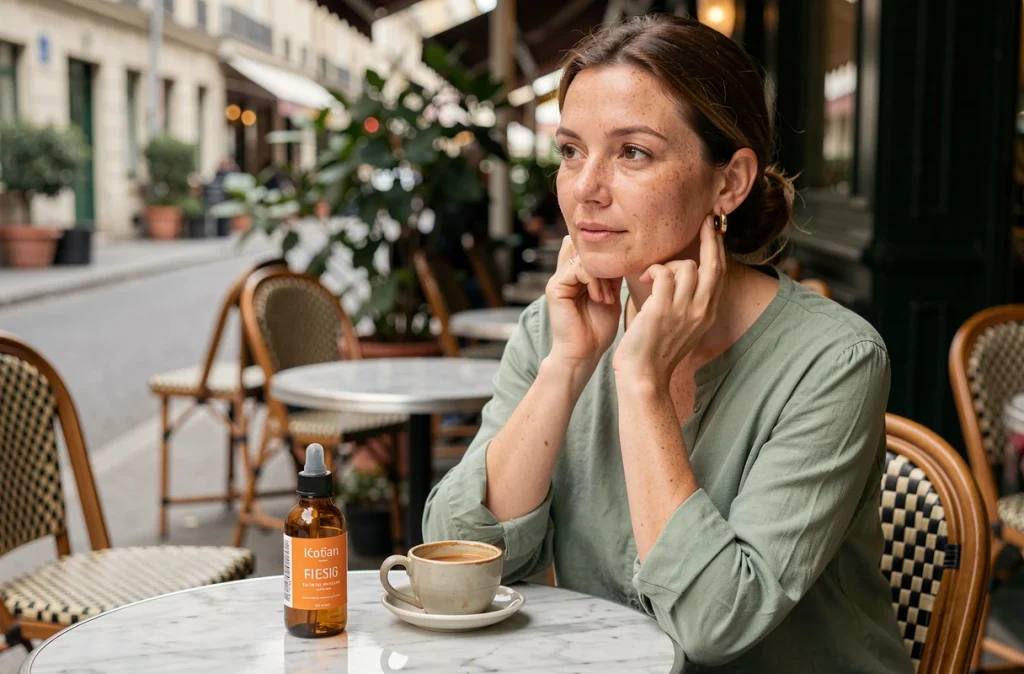 Femme en terrasse de café parisien avec un flacon de crème solaire teintée posé sur une table en marbre