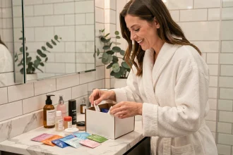 Femme en peignoir blanc découvrant les produits de sa box beauté mensuelle sur le plan vasque en marbre d'une salle de bain lumineuse