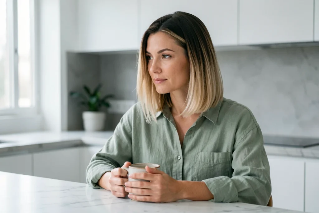 Femme aux cheveux mi-longs avec dégradé cendré installée dans une cuisine scandinave moderne