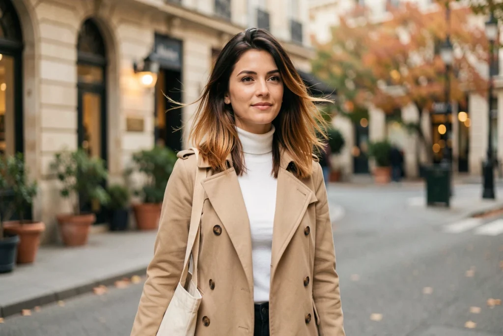 Femme avec dégradé cheveux mi-longs caramel dans une rue parisienne en automne