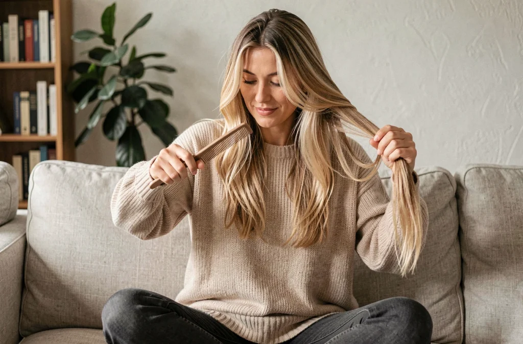 Femme démêlant avec soin ses cheveux longs dégradé effilé blonds avec un peigne à larges dents sur un canapé en lin