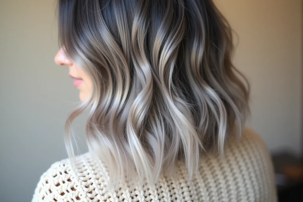 Détail de mèches platine sur cheveux gris-blanc montrant la transition du poivre et sel au platine