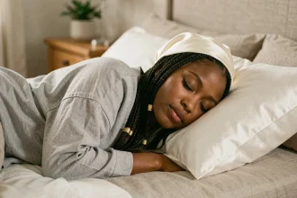 Jeune femme noire dormant avec un bonnet en satin sur ses tresses africaines collées pour les protéger la nuit