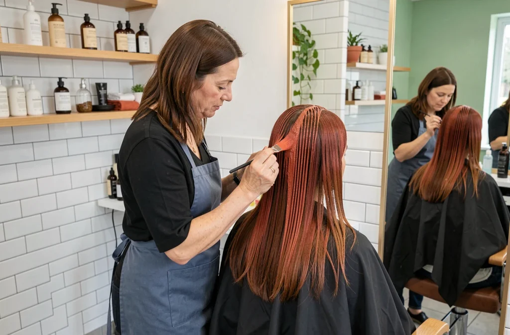 Coiffeuse réalisant un effet méché au henné sur cheveux auburn dans un salon moderne et naturel