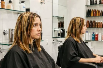 Femme aux cheveux caramel miel inégaux dans un salon de coiffure professionnel, montrant les erreurs de coloration visibles