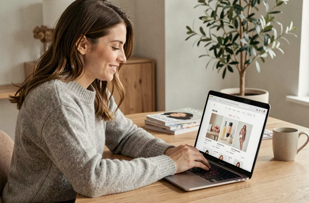 Jeune femme en pull cachemire parcourant un site de maquillage de luxe en ligne sur un ordinateur portable dans un bureau minimaliste et moderne