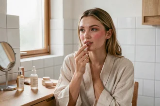 Jeune femme appliquant un baume à lèvres teinté du bout du doigt devant un miroir de salle de bain style scandinave