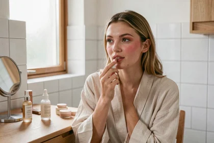 Jeune femme appliquant un baume à lèvres teinté du bout du doigt devant un miroir de salle de bain style scandinave