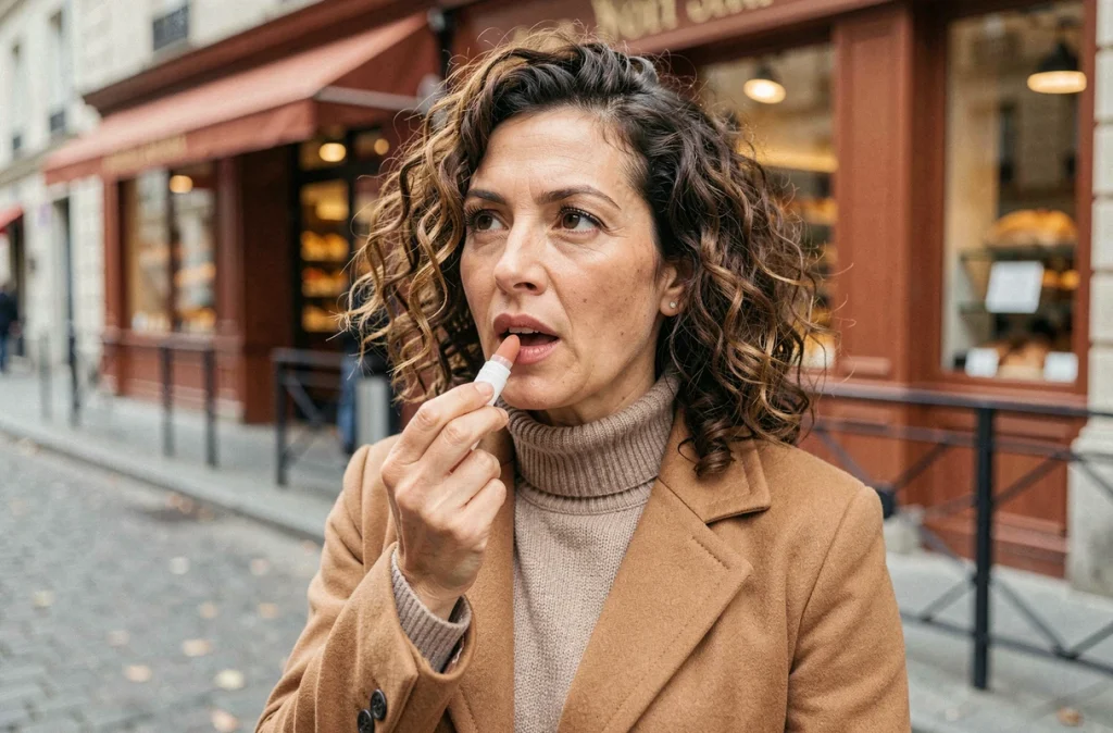 Femme élégante appliquant un baume à lèvres teinté en bâton dans une rue pavée parisienne en manteau camel