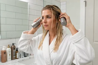 Femme aux cheveux fins et plats appliquant un soin volumisant Cutrin dans une salle de bain moderne