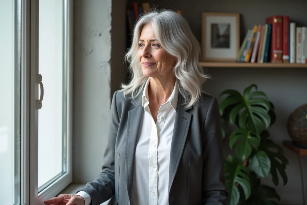 Femme élégante aux cheveux gris-blanc avec mèches balayage platine dans un appartement contemporain