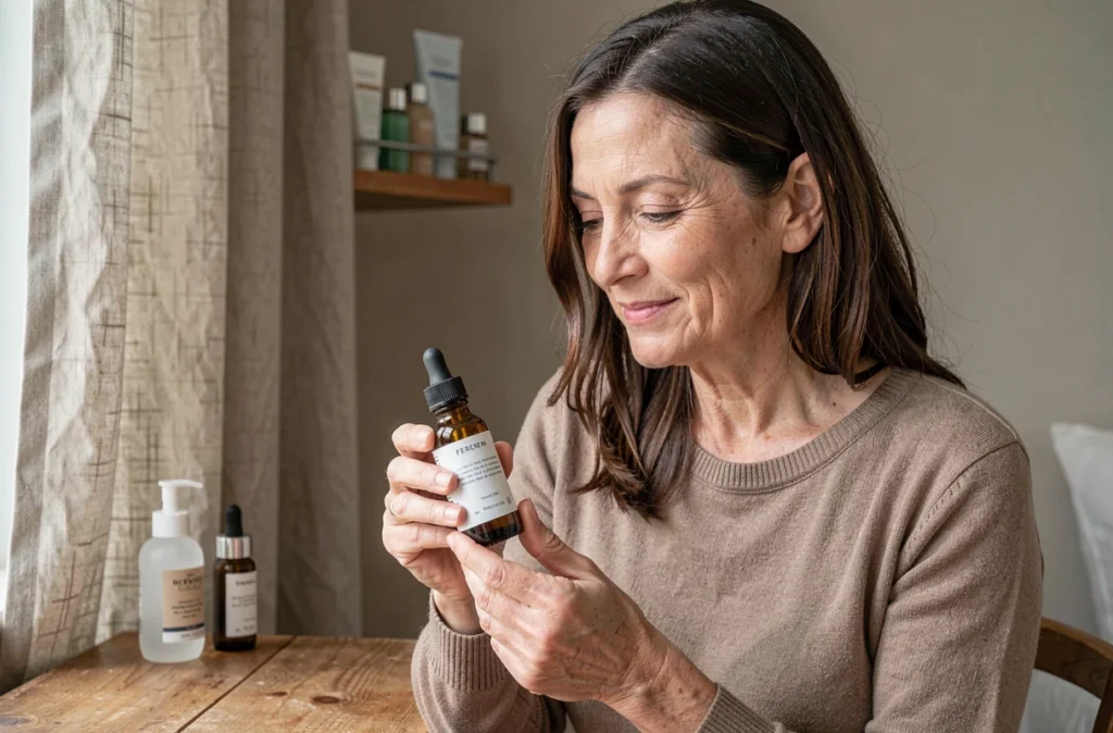 Femme mature lisant l'étiquette d'un flacon d'huile visage matifiante posée sur une coiffeuse en bois