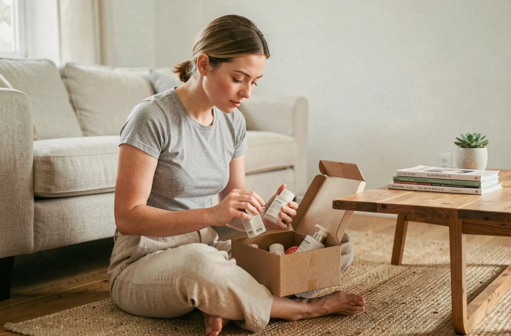 Jeune femme assise sur le sol de son salon comparant deux produits de soin extraits de sa box beauté mensuelle avec une expression concentrée