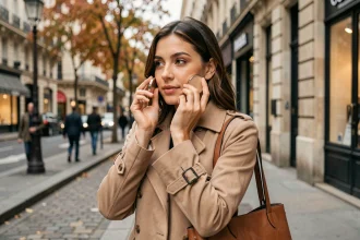 Femme urbaine appliquant un fond de teint cushion dans la rue à Paris en automne