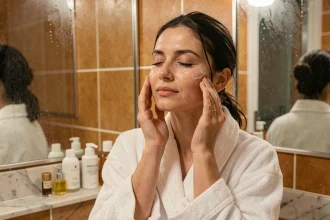 Femme appliquant une huile démaquillante sur son visage dans une salle de bain moderne au décor épuré