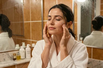 Femme appliquant une huile démaquillante sur son visage dans une salle de bain moderne au décor épuré