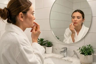 Femme appliquant une huile hydratante matifiante sur son visage devant un miroir de salle de bain minimaliste