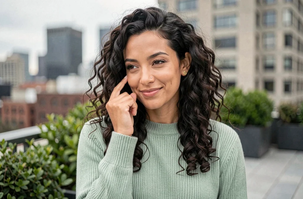 Femme souriante touchant son nouveau piercing lobe doré en extérieur avec un arrière-plan urbain flou