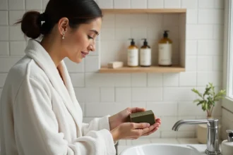 Femme tenant un savon d'Alep au-dessus d'un lavabo en céramique blanche dans une salle de bain épurée