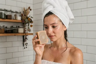 Femme tenant un shampoing solide artisanal dans une salle de bain minimaliste éco-responsable