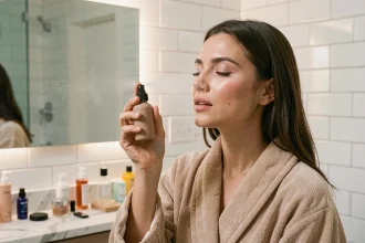 Jeune femme appliquant un spray fixateur de maquillage dans une salle de bain moderne avec brume visible