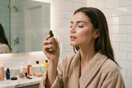 Jeune femme appliquant un spray fixateur de maquillage dans une salle de bain moderne avec brume visible
